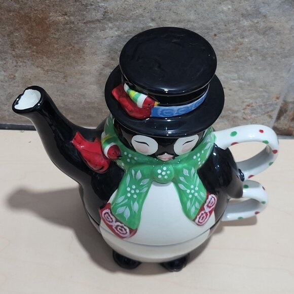 Temptations by Tara 3 Piece Ceramic Stacking Penguin Teapot Mug Cup Set - Picture 3 of 14